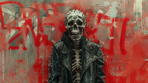 Skeleton in spiked leather jacket against graffiti wall