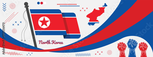 North Korea national day banner featuring the North Korean flag with a map, celebrating the nation's independence and its cultural heritage, ideal for patriotic displays and commemorations
