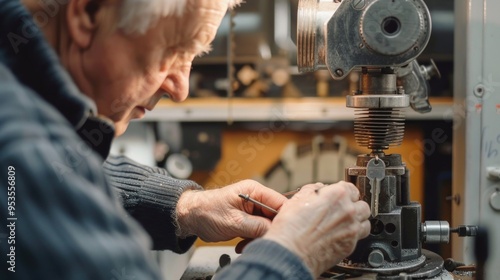 Wallpaper Mural Senior Man Using Drill Press in Workshop, Focused on Precision Metalwork Torontodigital.ca