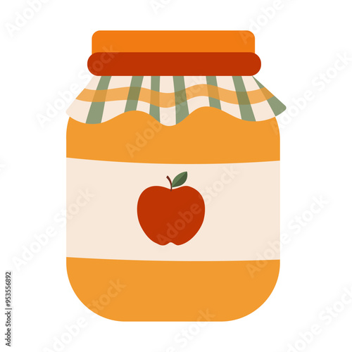 A jar of apple jam with a green apple on the label. The jar is orange and has a checkered lid