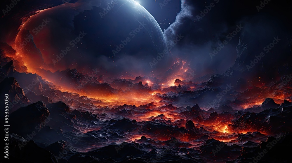 Fiery nebula over a rugged landscape Fiery nebula over a rugged landscape