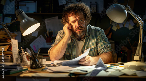 Frustrated writer struggling with writer's block at cluttered desk late at night