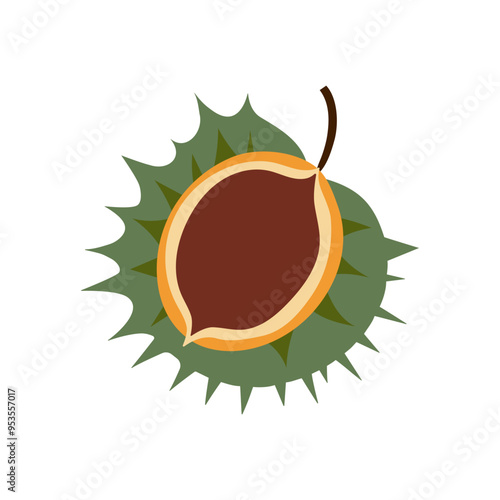 A cartoonish drawing of a nut with a green leaf on top. The nut is brown and has a hole in the middle