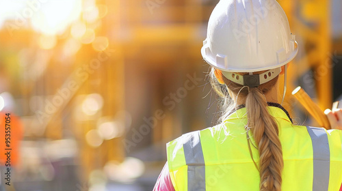 Back view of a female construction worker with safety helmet at worksite