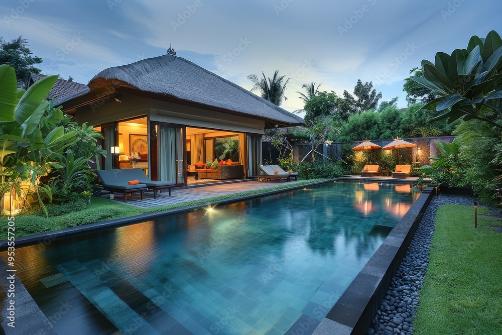 Luxurious Bali Villa with Modern Architecture, Outdoor Pool, and Cozy Nighttime Lighting Luxurious Bali Villa with Modern Architecture, Outdoor Pool, and Cozy Nighttime Lighting