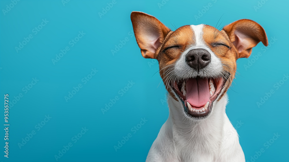 joyful dog, likely a Jack Russell Terrier, smiling with its eyes closed and mouth wide open, as if in mid-laughter. joyful dog, likely a Jack Russell Terrier, smiling with its eyes closed and mouth wide open, as if in mid-laughter.