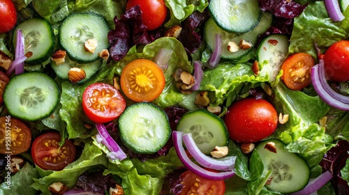 Vibrant Fresh Salad With Tomatoes Cucumbers And Nuts Close-Up