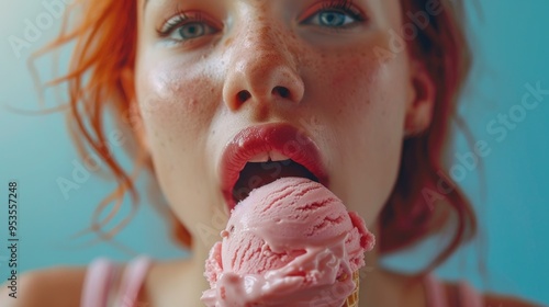 Woman seductively eating ice cream with her mouth open photo