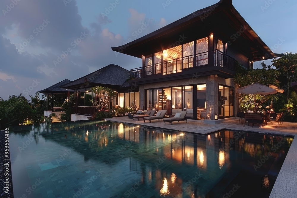 Luxurious Bali Villa with Modern Architecture, Outdoor Pool, and Cozy Nighttime Lighting Luxurious Bali Villa with Modern Architecture, Outdoor Pool, and Cozy Nighttime Lighting
