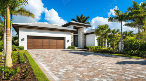 Modern Miami Home with Brick Driveway, Palm Trees, and White-Brown Garage Door