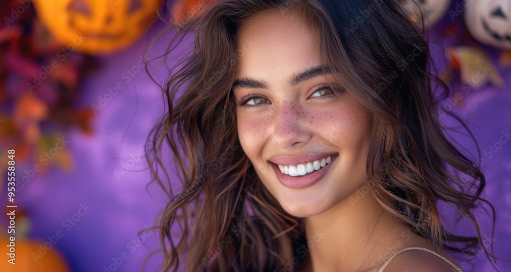 Smiling Woman with Freckles Posing Outdoors in Autumn with Halloween Decorations Smiling Woman with Freckles Posing Outdoors in Autumn with Halloween Decorations