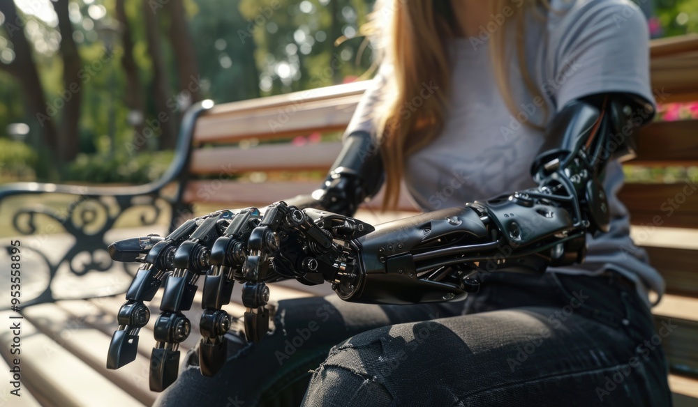 Fototapeta premium Woman with prosthetic arm sits on a park bench