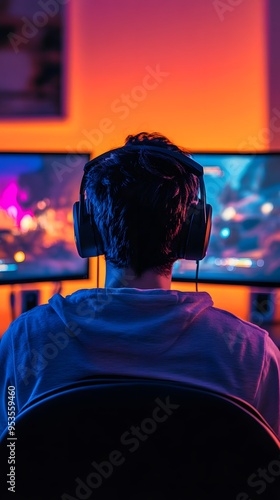 A gamer with headphones sits in front of a computer, playing a game. The gamer is surrounded by multiple monitors displaying various games and futuristic technology elements