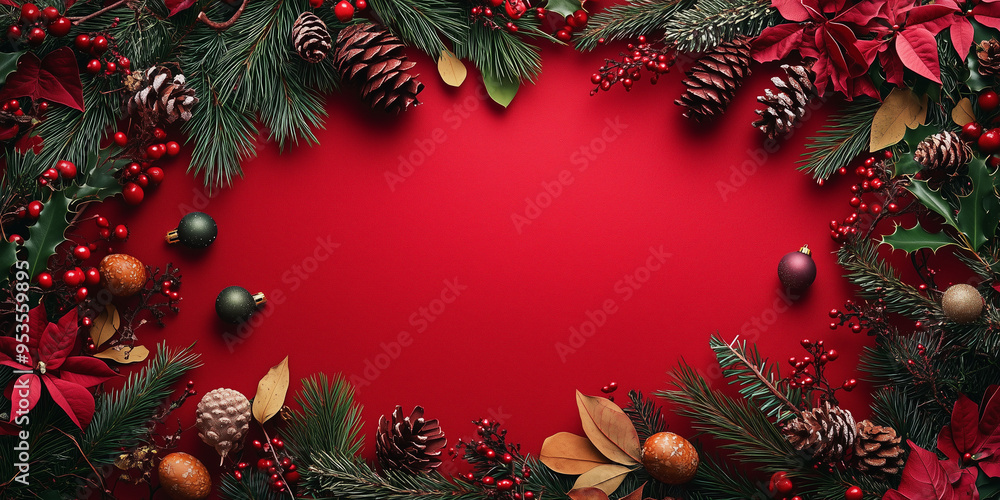 Sfondo natalizio. Template per Natale. Spazio per messaggio. Pigne, stelle di Natale e aghi di pino. Sfondo natalizio. Template per Natale. Spazio per messaggio. Pigne, stelle di Natale e aghi di pino.