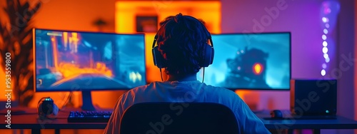 A gamer with headphones sits in front of a computer, playing a game. The gamer is surrounded by multiple monitors displaying various games and futuristic technology elements