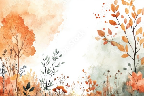 Simple watercolor background with copy space. Plant elements on the right and left/