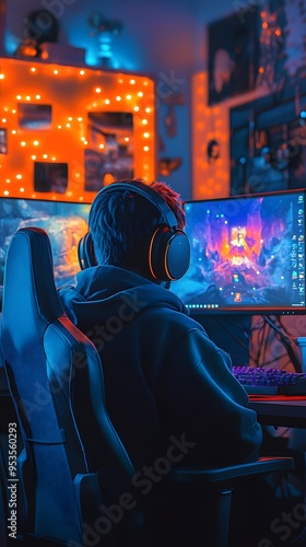 A gamer with headphones sits in front of a computer, playing a game. The gamer is surrounded by multiple monitors displaying various games and futuristic technology elements