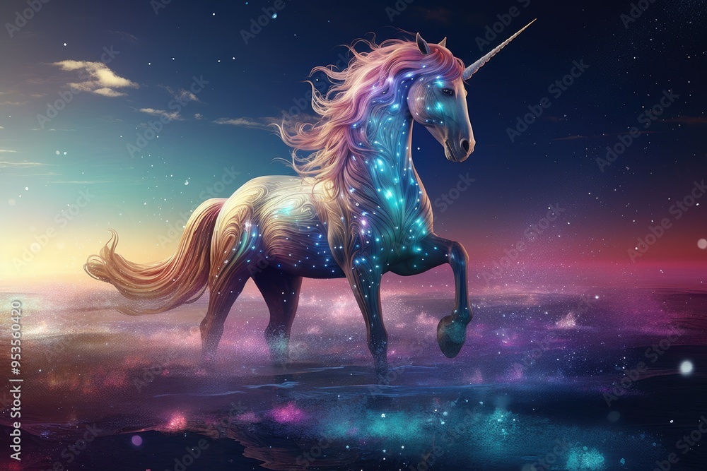A magical unicorn with a luxurious mane gallops across the cosmic ocean against a background of stars and rainbow reflections. A magical unicorn with a luxurious mane gallops across the cosmic ocean against a background of stars and rainbow reflections.