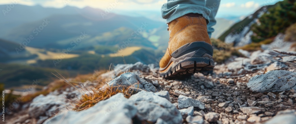 Person walking up mountain with feet in air Person walking up mountain with feet in air
