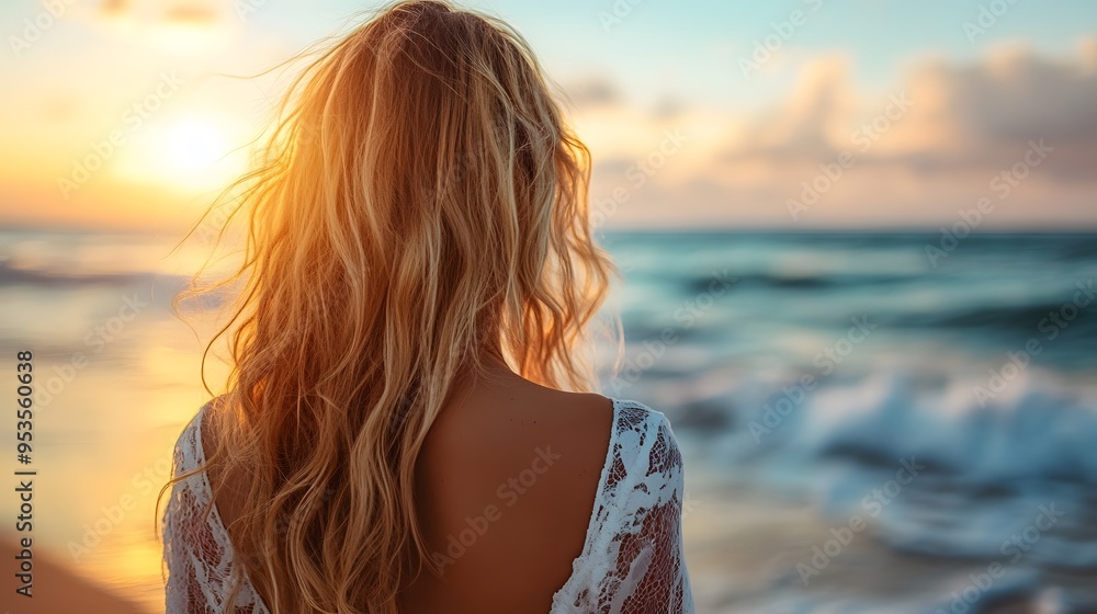 Golden hour beach portrait, back view of woman, flowing blonde hair, white lace top, sun-kissed skin, ocean waves, warm sunlight, serene coastal scene, windswept hair. Golden hour beach portrait, back view of woman, flowing blonde hair, white lace top, sun-kissed skin, ocean waves, warm sunlight, serene coastal scene, windswept hair.