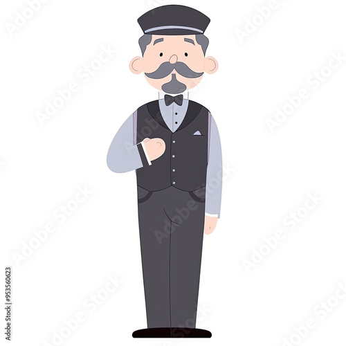 An illustration of a valet man with a mustache standing