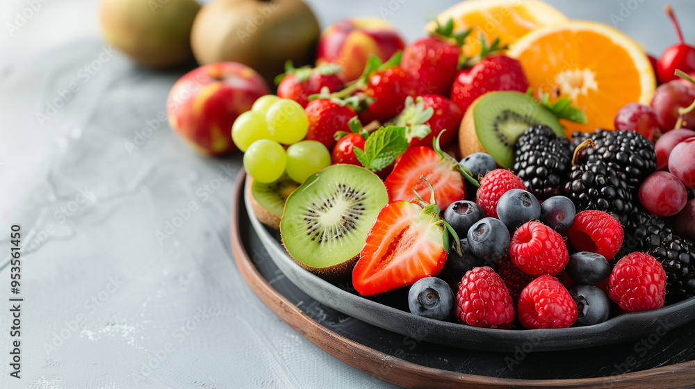 Colorful plate of sliced and whole fruits on a table, healthy and tasty dessert for longevity lifestyle diet Colorful plate of sliced and whole fruits on a table, healthy and tasty dessert for longevity lifestyle diet