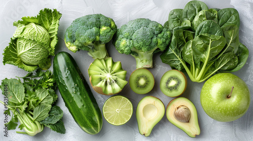 Green fruit and vegetable platter arrange on a white table, colorful food, fresh and tasty