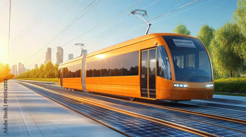 Naklejka premium A vibrant orange tram traveling on tracks with a modern city skyline in the background, showcasing urban transportation.