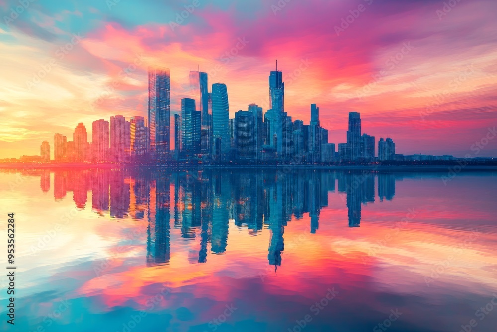 Obraz premium Vibrant city skyline at sunset with colorful reflections on calm water, capturing the serene beauty and dynamic energy of urban life.