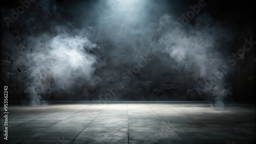 Empty space studio dark room with concrete floor, spot lighting, smoke, black background, studio