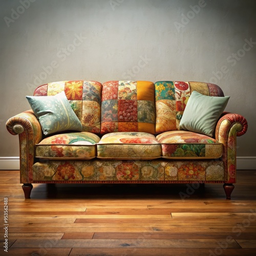 Cozy reupholstered couch with vibrant patchwork design in a well-lit room. Generative AI photo