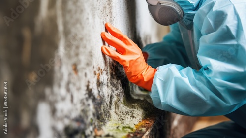 Professional Mold Remediation Specialist in Protective Gear Inspecting Moldy Wall
