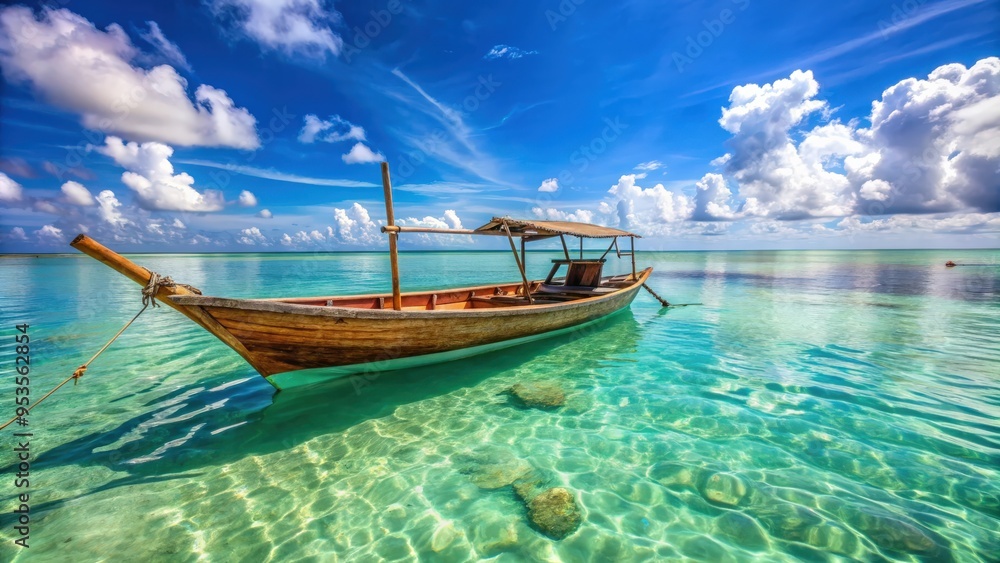 Traditional wooden boat floating on the crystal clear waters of the Zanzibar coast , Zanzibar, East Africa, traditional, boat, wooden Traditional wooden boat floating on the crystal clear waters of the Zanzibar coast , Zanzibar, East Africa, traditional, boat, wooden