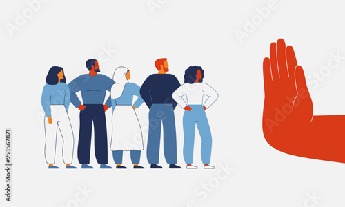 Discrimination in the workplace. Restricting or closing borders to global diversity and immigration. Human hand shows stop gesture for crowd of people. Vector illustration