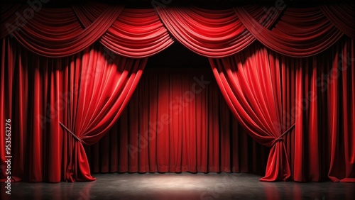 Bright red stage theater draped curtain background on black , theatre, stage, red, velvet, elegant, dramatic