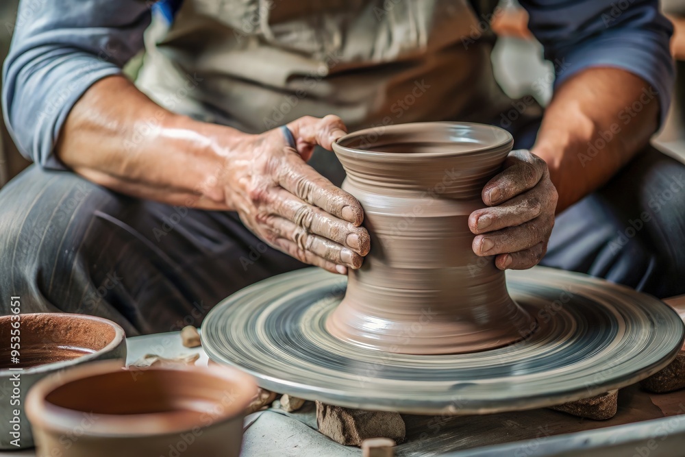 Hands shaping delicate clay pots on a pottery wheel in a workshop. Generative AI Hands shaping delicate clay pots on a pottery wheel in a workshop. Generative AI