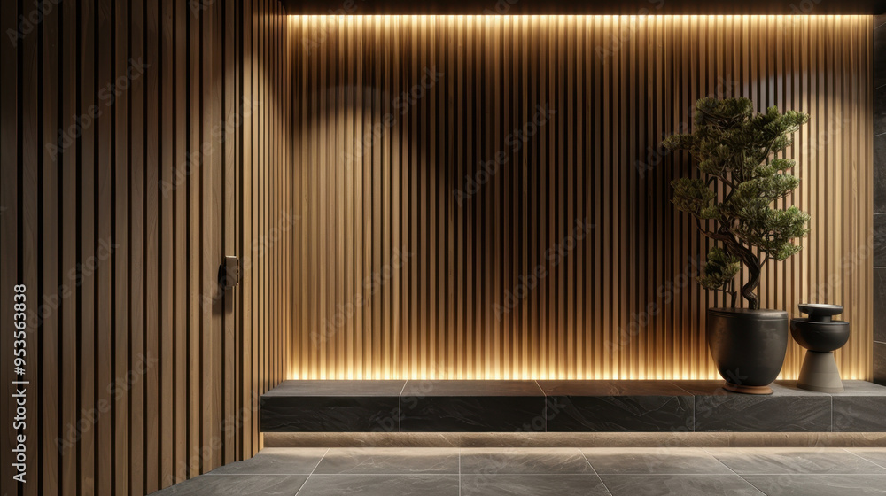 A modern interior space with wooden wall panels, soft lighting, and a decorative plant. A modern interior space with wooden wall panels, soft lighting, and a decorative plant.