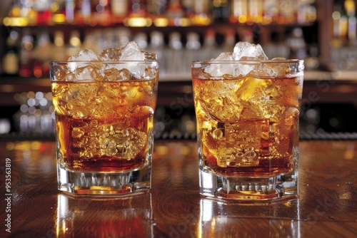 Two Glasses of Whiskey with Ice on a Bar Counter in a Dimly Lit Setting photo