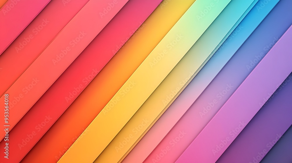 Fototapeta premium Vibrant rainbow colored diagonal stripes, multicolored geometric pattern, pastel and bright hues, seamless gradient transition, abstract background, minimalist design.