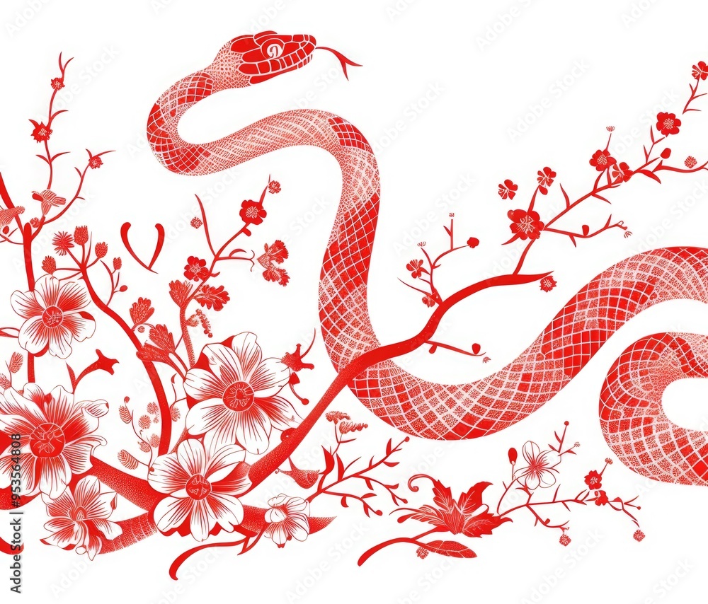 Close-up of a beautiful red snake coiled in a ring of flowers on a white background. Poisonous dangerous reptile. Symbol of the New Year according to the Chinese calendar Close-up of a beautiful red snake coiled in a ring of flowers on a white background. Poisonous dangerous reptile. Symbol of the New Year according to the Chinese calendar