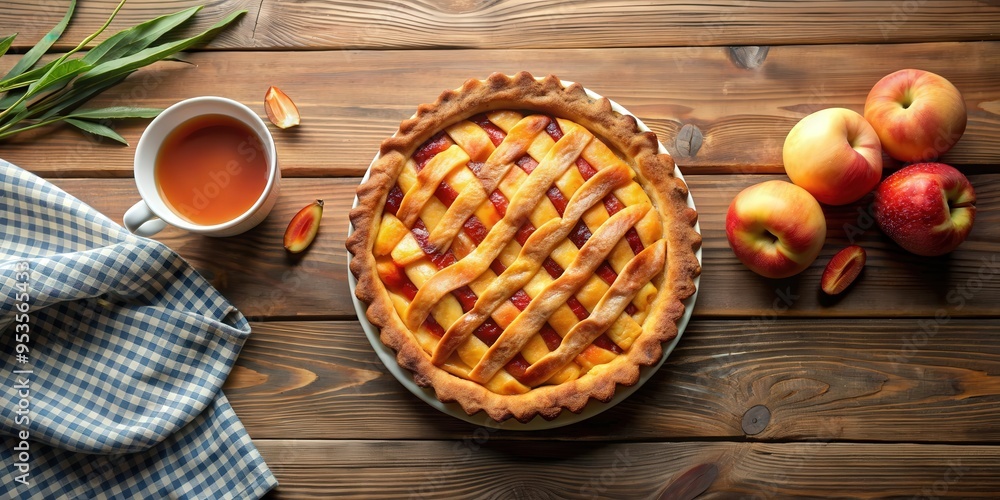 Top view of a homemade peach pie and a cup of tea on a rustic wooden table , dessert, food, pastry, baking, peaches, delicious Top view of a homemade peach pie and a cup of tea on a rustic wooden table , dessert, food, pastry, baking, peaches, delicious