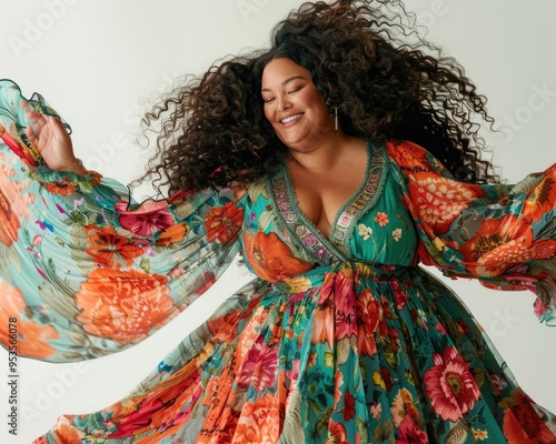 Portrait of an attractive, smiling plus size woman with long curly hair dancing and wearing a bright floral dress