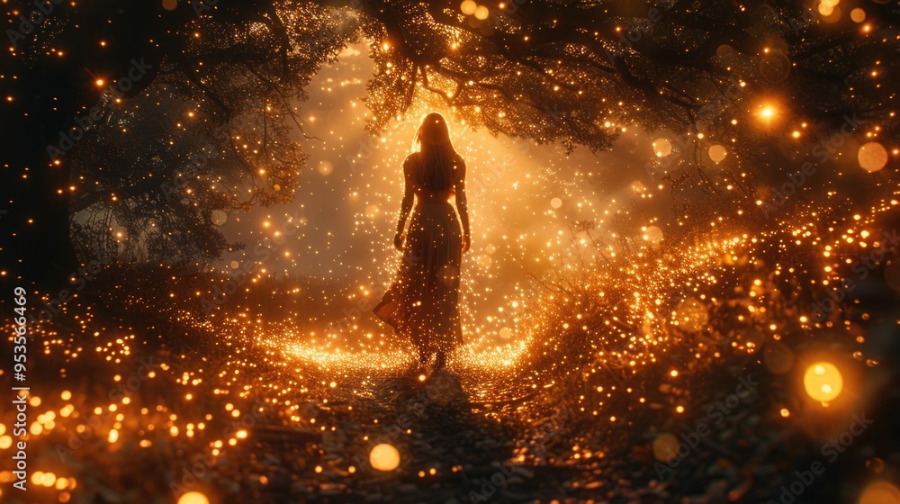 Girl walking in firefly-filled forest Girl walking in firefly-filled forest