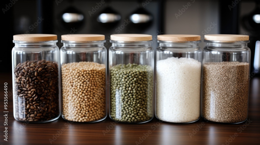 Four glass jars filled with different kinds of beans Four glass jars filled with different kinds of beans