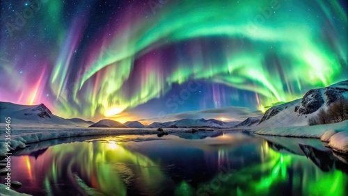 Breathtaking polar aurora over tranquil northern landscape at dusk. Generative AI