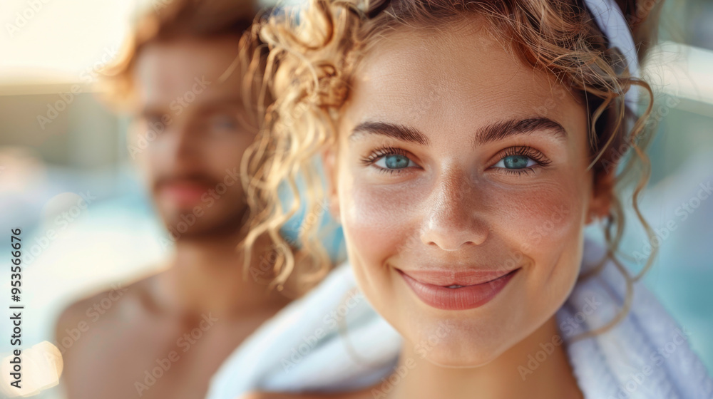 Woman with a towel on her head smiling at the camera, with a blurred background of people in a spa. Concept of relaxation and wellness. Woman with a towel on her head smiling at the camera, with a blurred background of people in a spa. Concept of relaxation and wellness.