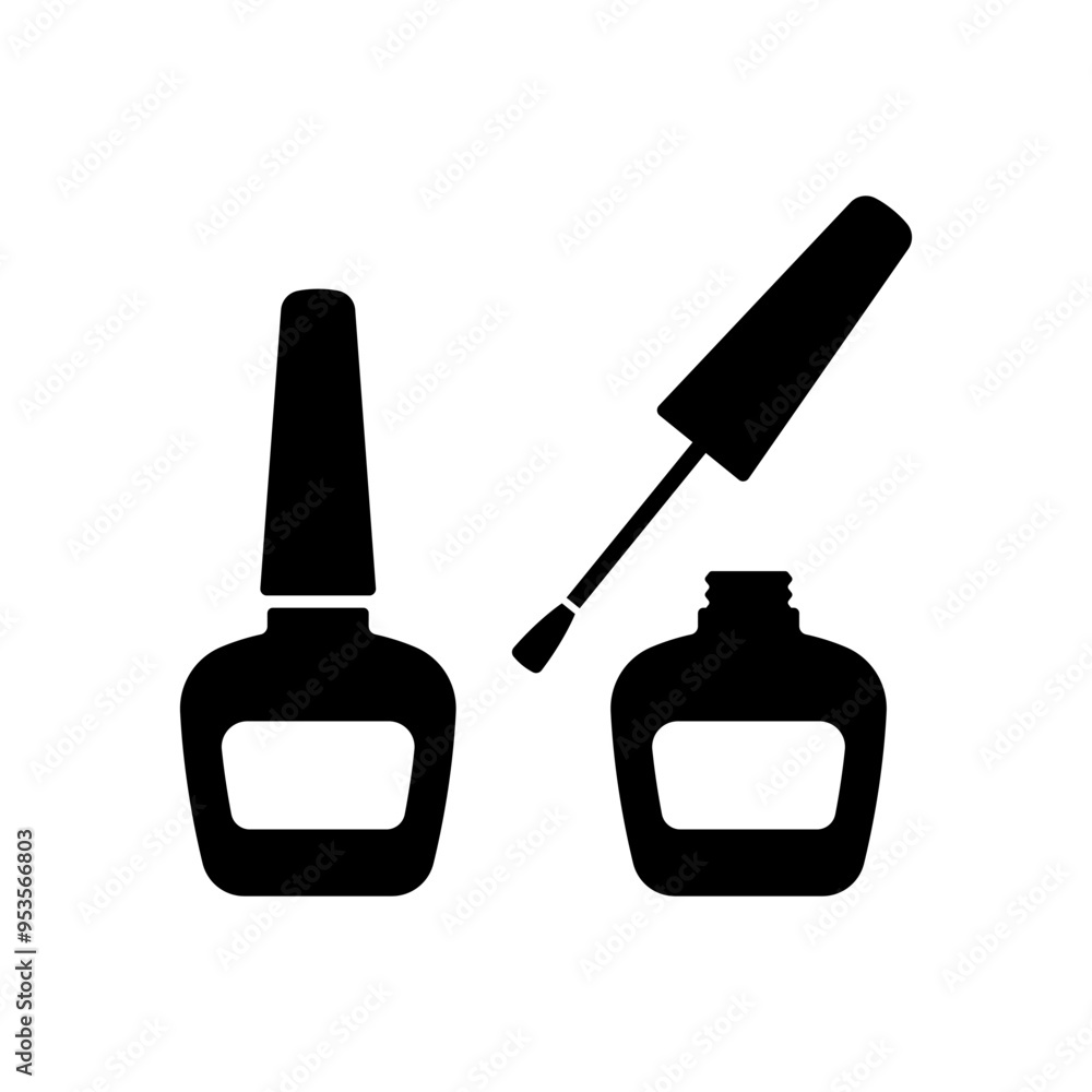 Small bottle with a cap with a brush. Vial. Black silhouette. Front side view. Vector simple flat graphic illustration. Isolated object on white background. Isolate. Small bottle with a cap with a brush. Vial. Black silhouette. Front side view. Vector simple flat graphic illustration. Isolated object on white background. Isolate.