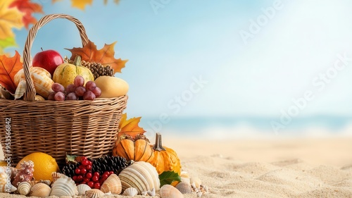 Fototapeta Naklejka Na Ścianę i Meble -  Thanksgiving picnic basket filled with holiday foods, placed on a sandy beach with a seashell-strewn tablecloth, Thanksgiving at the beach, holiday picnic