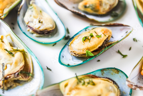 close up of green mussel dish as seafood