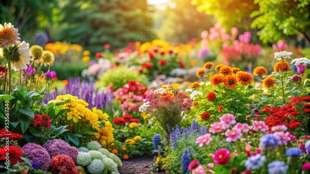 Obraz premium Vibrant garden bursting with colorful flowers, blooms, vibrant, garden, colorful, petals, blossoms, nature, outdoor, beauty, plant